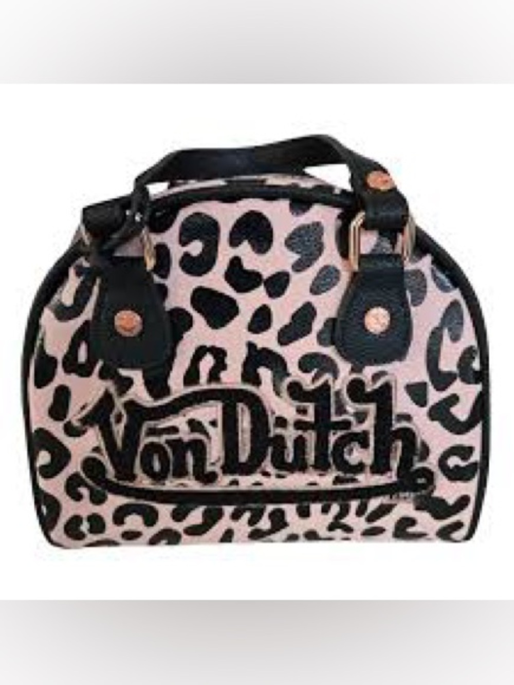 Von Dutch NWT Pink and Black Leopard Dome Crossbody, Mini Bowling Bag